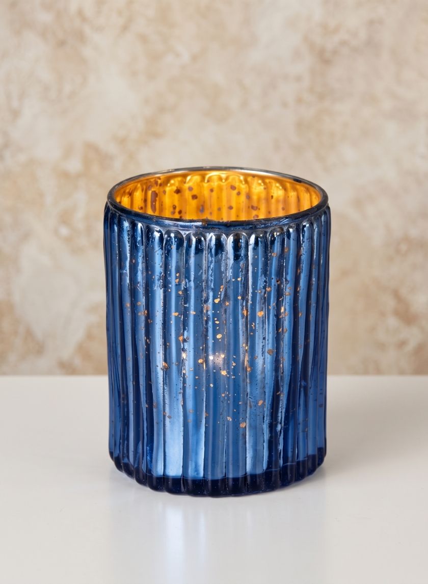 4in Tall Antique Blue Ripple Glass Votive Holder Decor Jamali Garden