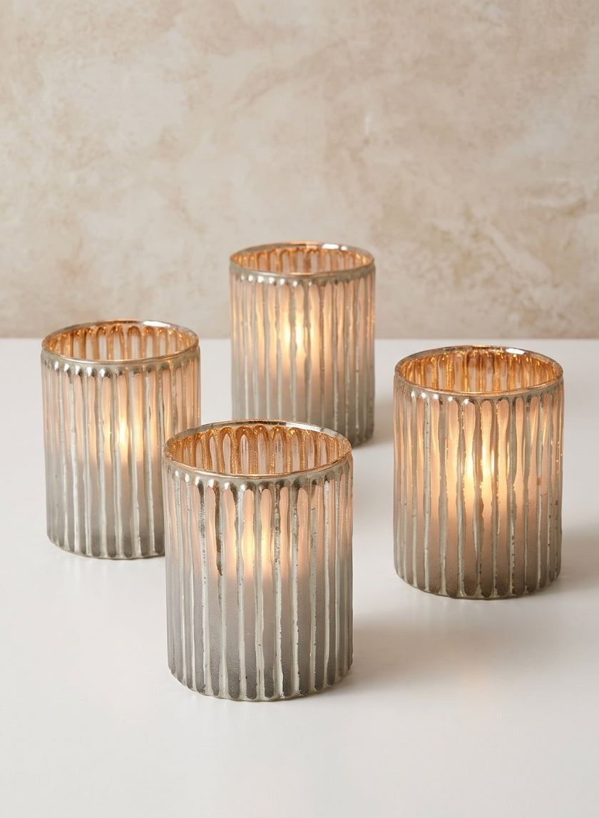 4in Tall Silver Corrugated Glass Votive Holder