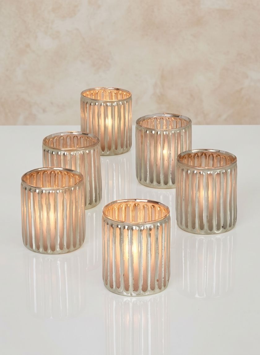 3in Tall Silver Corrugated Glass Votive Holder Decor Jamali Garden