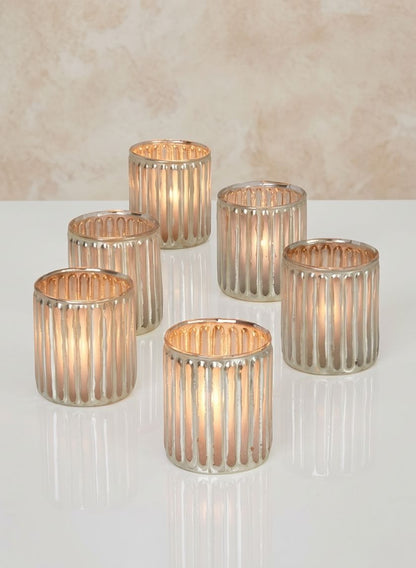 3in Tall Silver Corrugated Glass Votive Holder Decor Jamali Garden