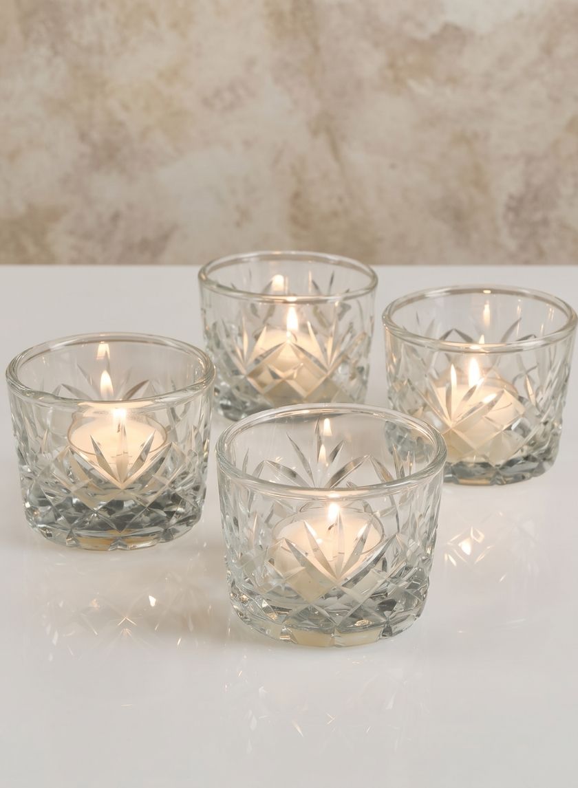 2.5in Tall Diamond Cut Glass Votive Holder, Set of 4