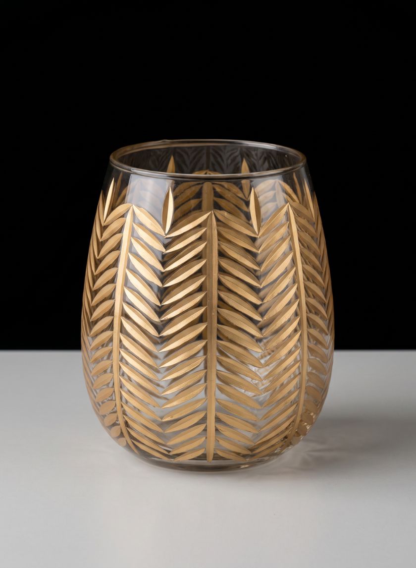 9in Tall Gold Palm Etched Glass Holder Decor Jamali Garden