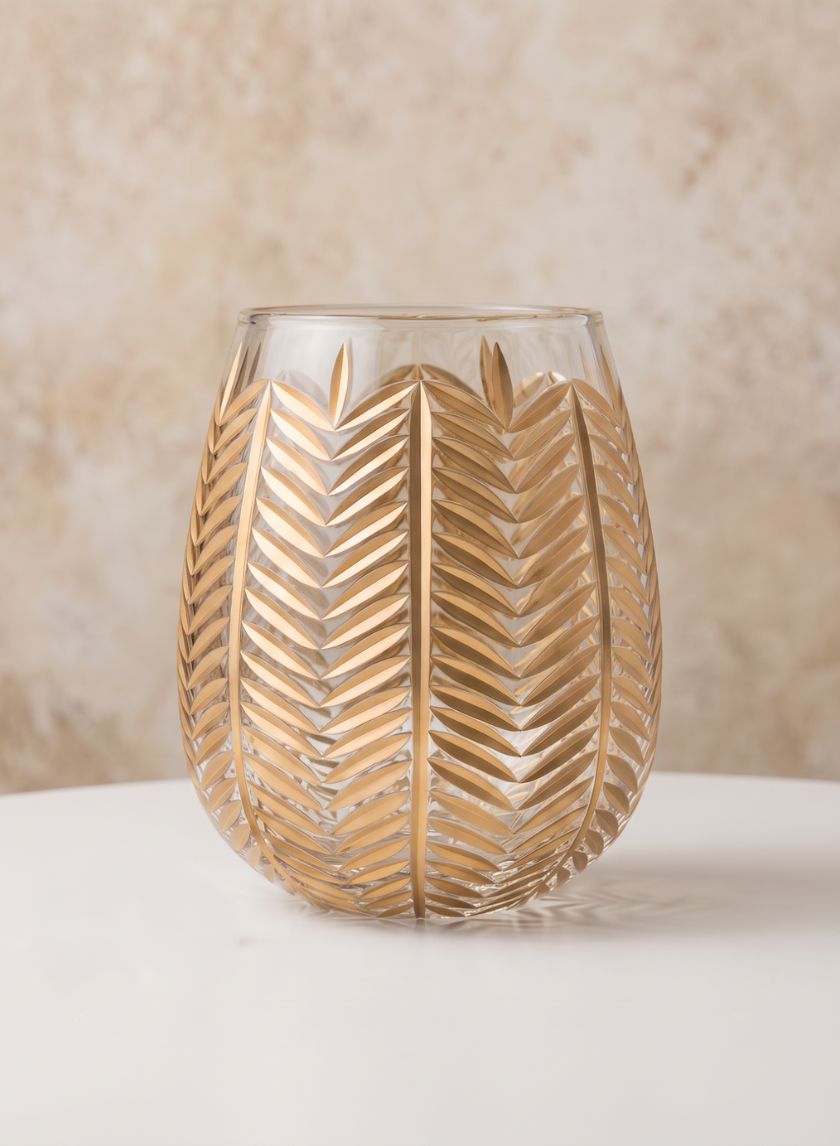 9in Tall Gold Palm Etched Glass Holder Decor Jamali Garden