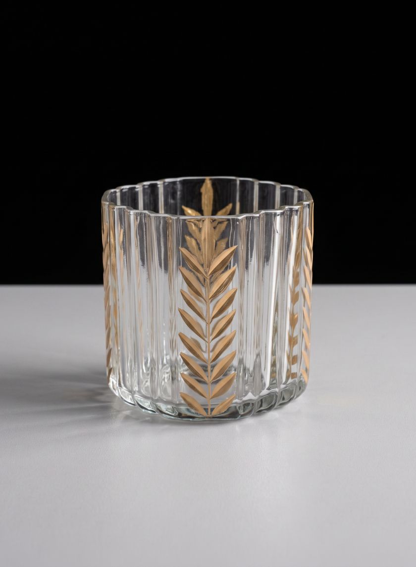 4in Tall Louvres Gold Leaf Etched Glass Candle Holder Decor Jamali Garden