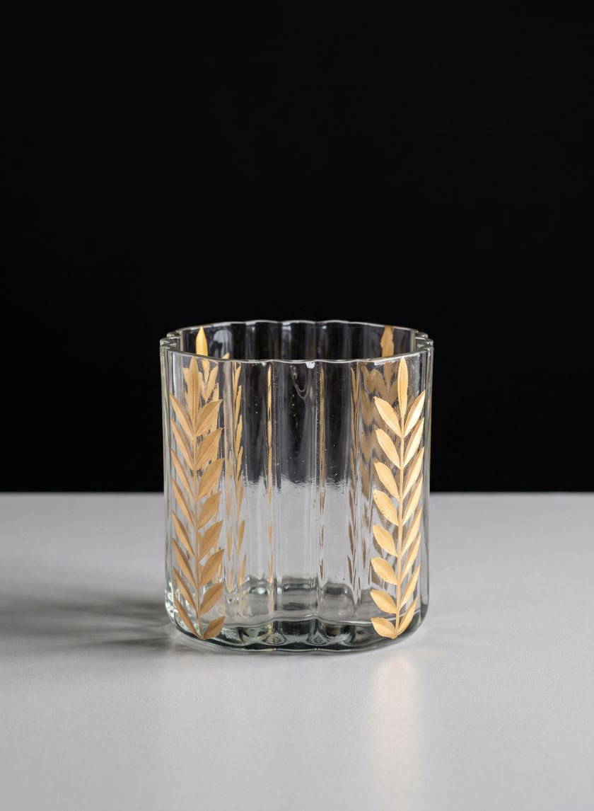 4in Tall Louvres Gold Leaf Etched Glass Candle Holder Decor Jamali Garden