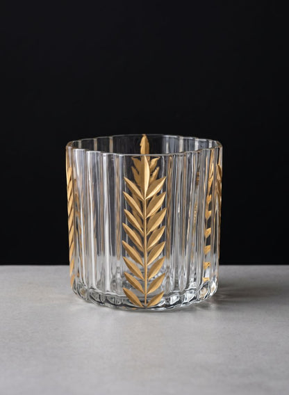 4in Tall Louvres Gold Leaf Etched Glass Candle Holder