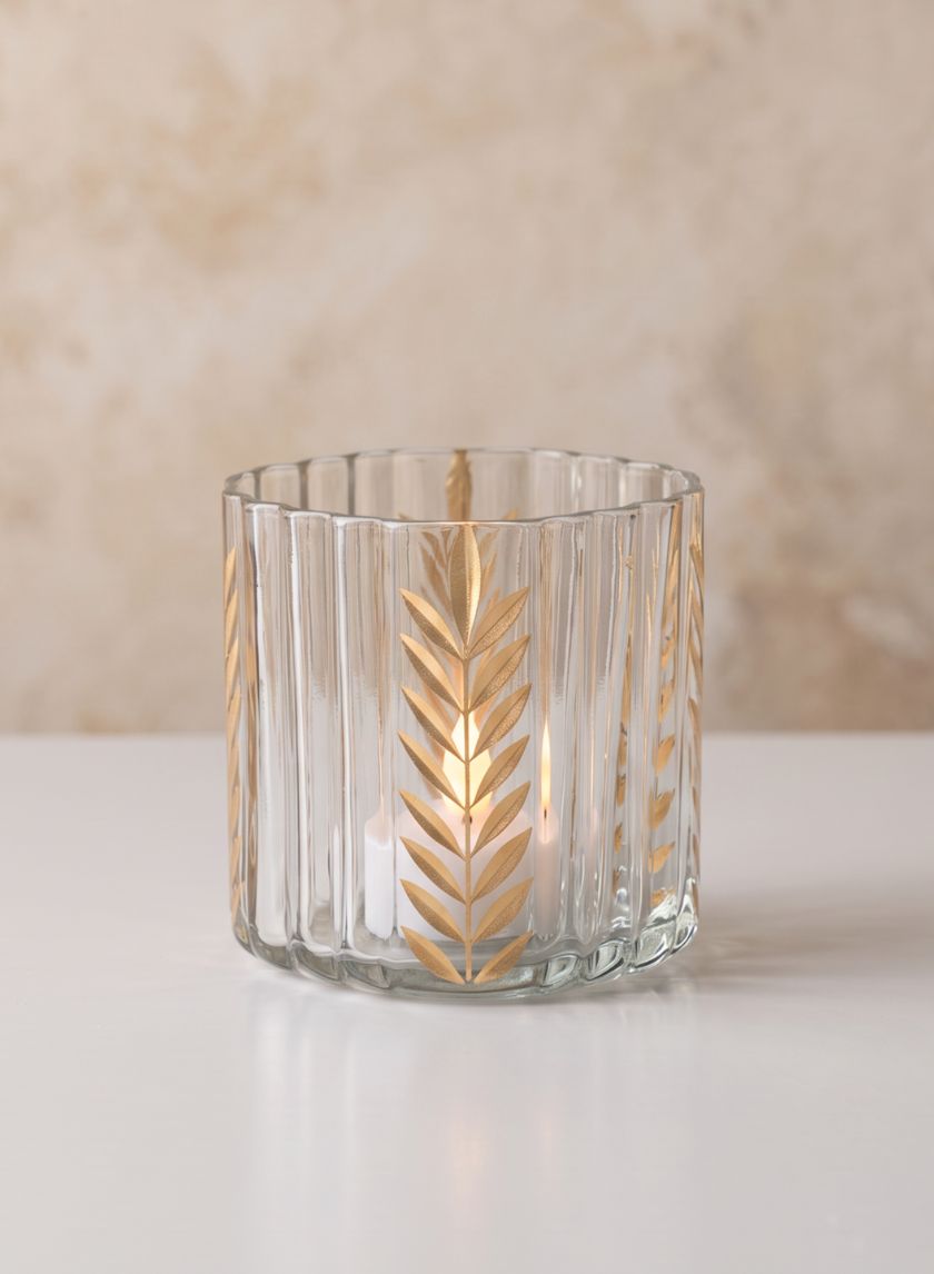 4in Tall Louvres Gold Leaf Etched Glass Candle Holder Decor Jamali Garden