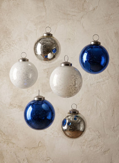3in Round White Silver &amp; Blue Plastic Ornament Balls with Silver Hook, Set of 6 Decor Jamali Garden