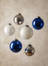 3in Round White Silver & Blue Plastic Ornament Balls with Silver Hook, Set of 6 Decor Jamali Garden