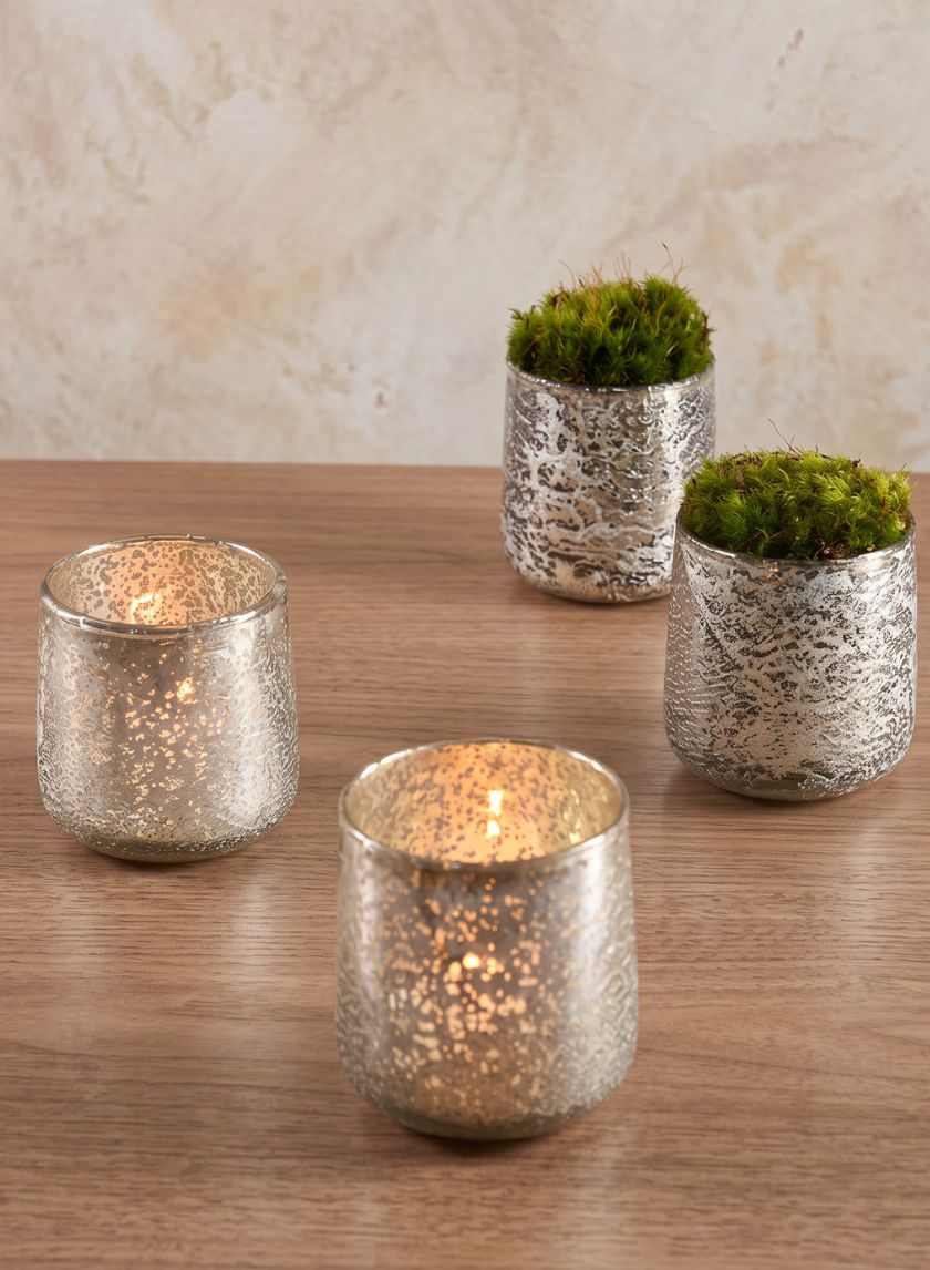 3.5in Tall Antique Platinum Glass Candle Holders, Set of 4 Decor Jamali Garden