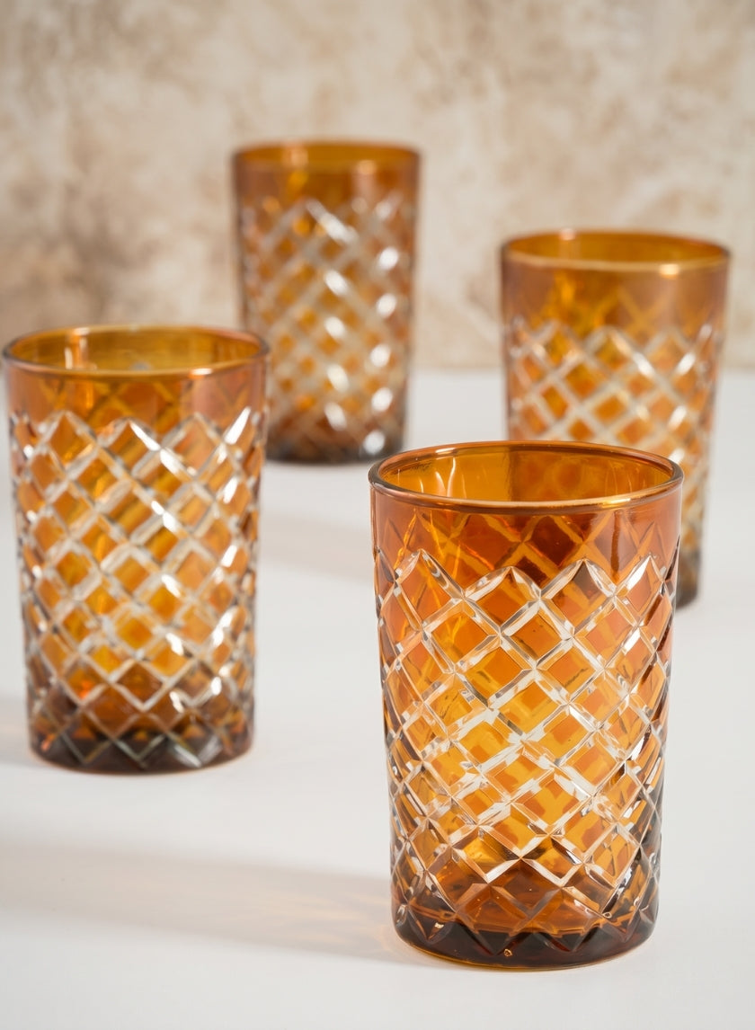 4.5in Tall Almira Amber Cut Glass Squares Votive Holder, Set of 4