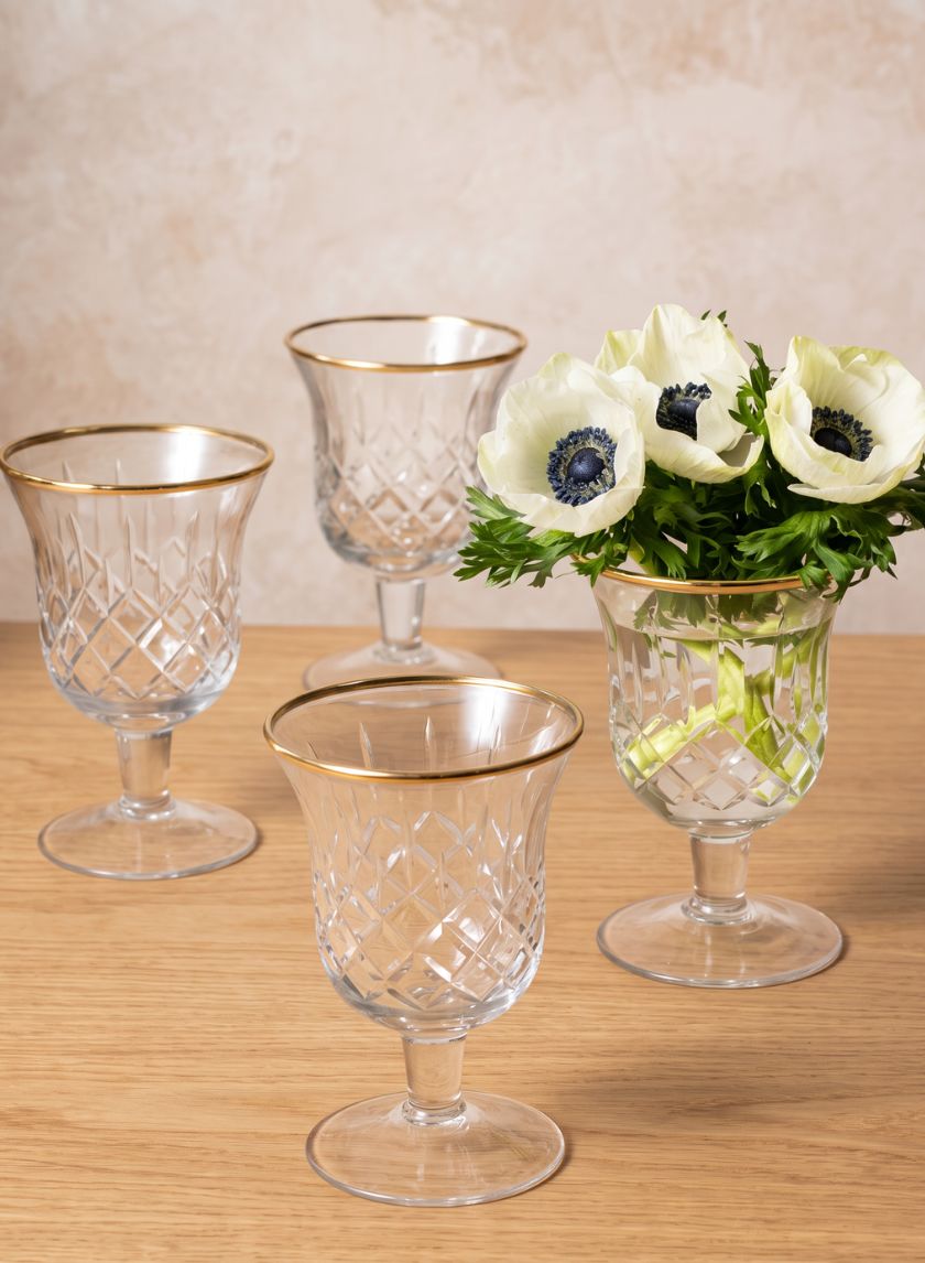 5.5in Tall Versailles Goblet Gold Rim Mini Glass Urn, Set of 4 Decor Jamali Garden