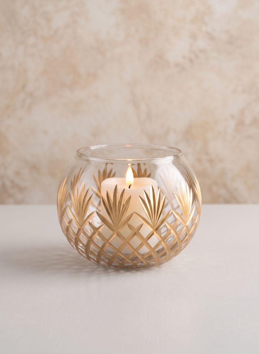 6in Wide Nuage Gold Etched Cutwork Glass Fishbowl Decor Jamali Garden