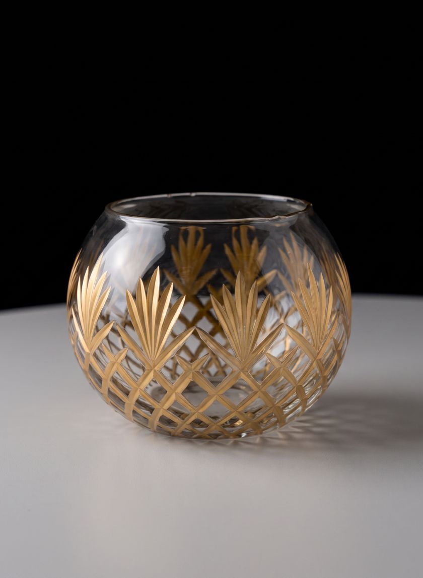 6in Wide Nuage Gold Etched Cutwork Glass Fishbowl Decor Jamali Garden