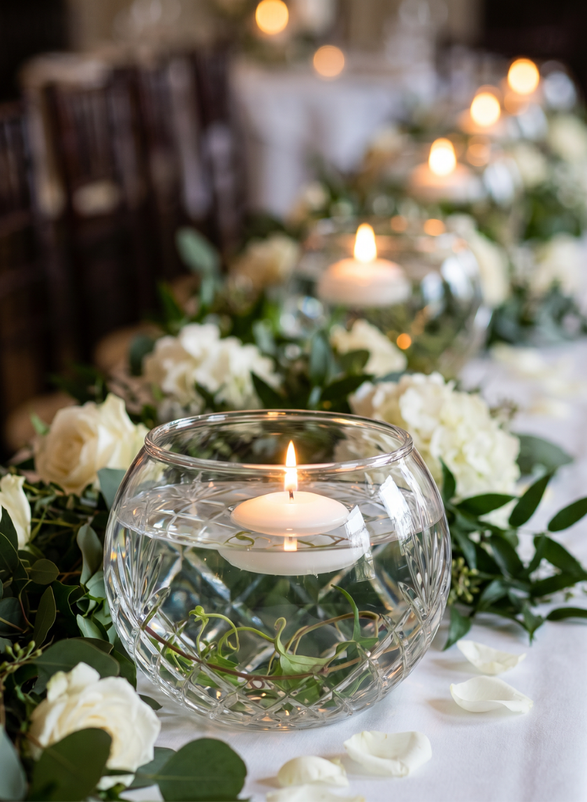 A close-up of the Nuage Cut Work Glass Fishbowl with a floating lit candle, surrounded by greenery and white roses as a centerpiece on an elegant table. Additional candles and flowers appear in the background.