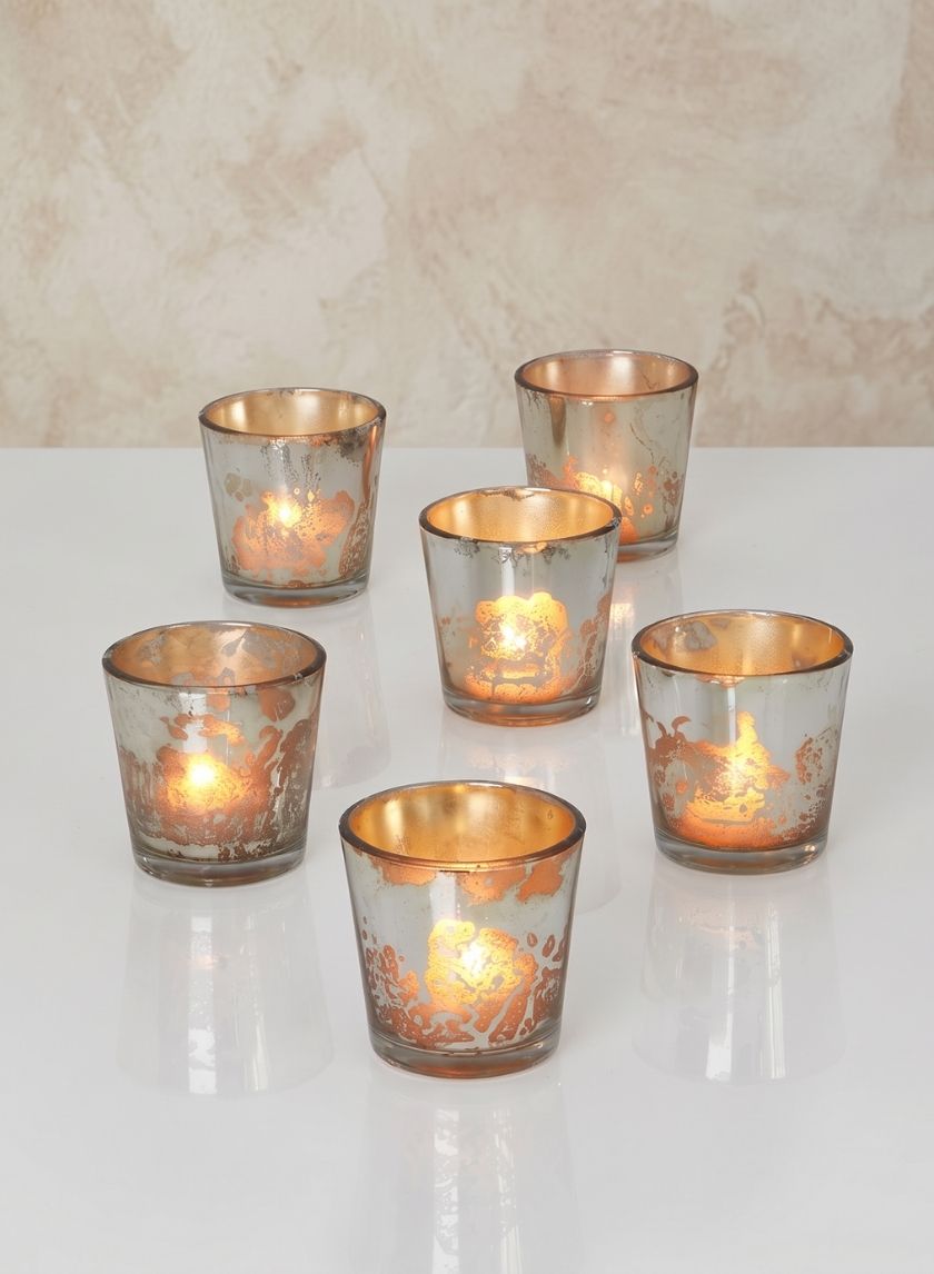 2.5in Tall Antique Silver Tapered Glass Votive Holder, Set of 6