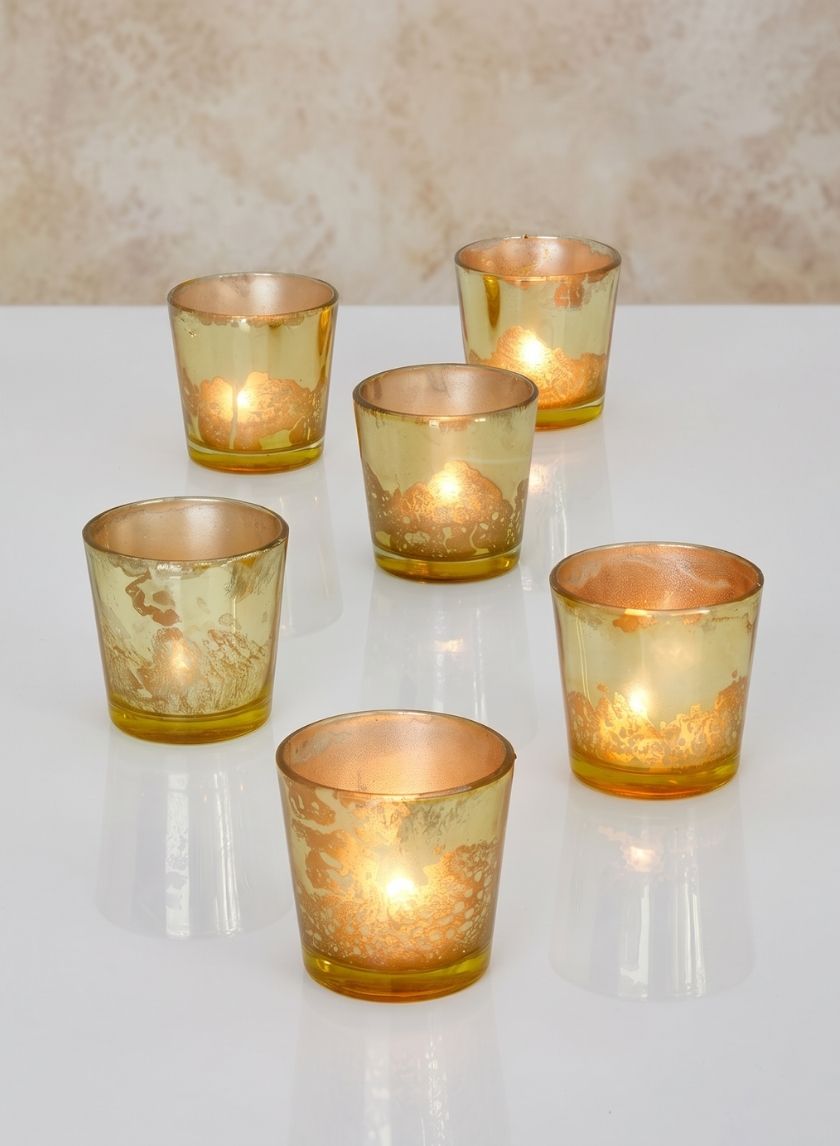 2.5in Tall Antique Light Gold Tapered Glass Votive Holder, Set of 6