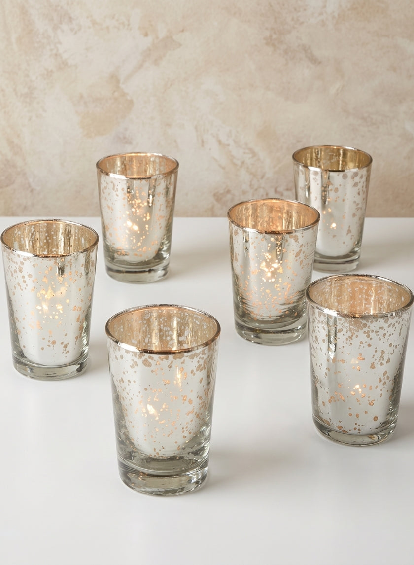 3.5in Tall Antique Silver Tapered Glass Votive Holder, Set of 6 Decor Jamali Garden