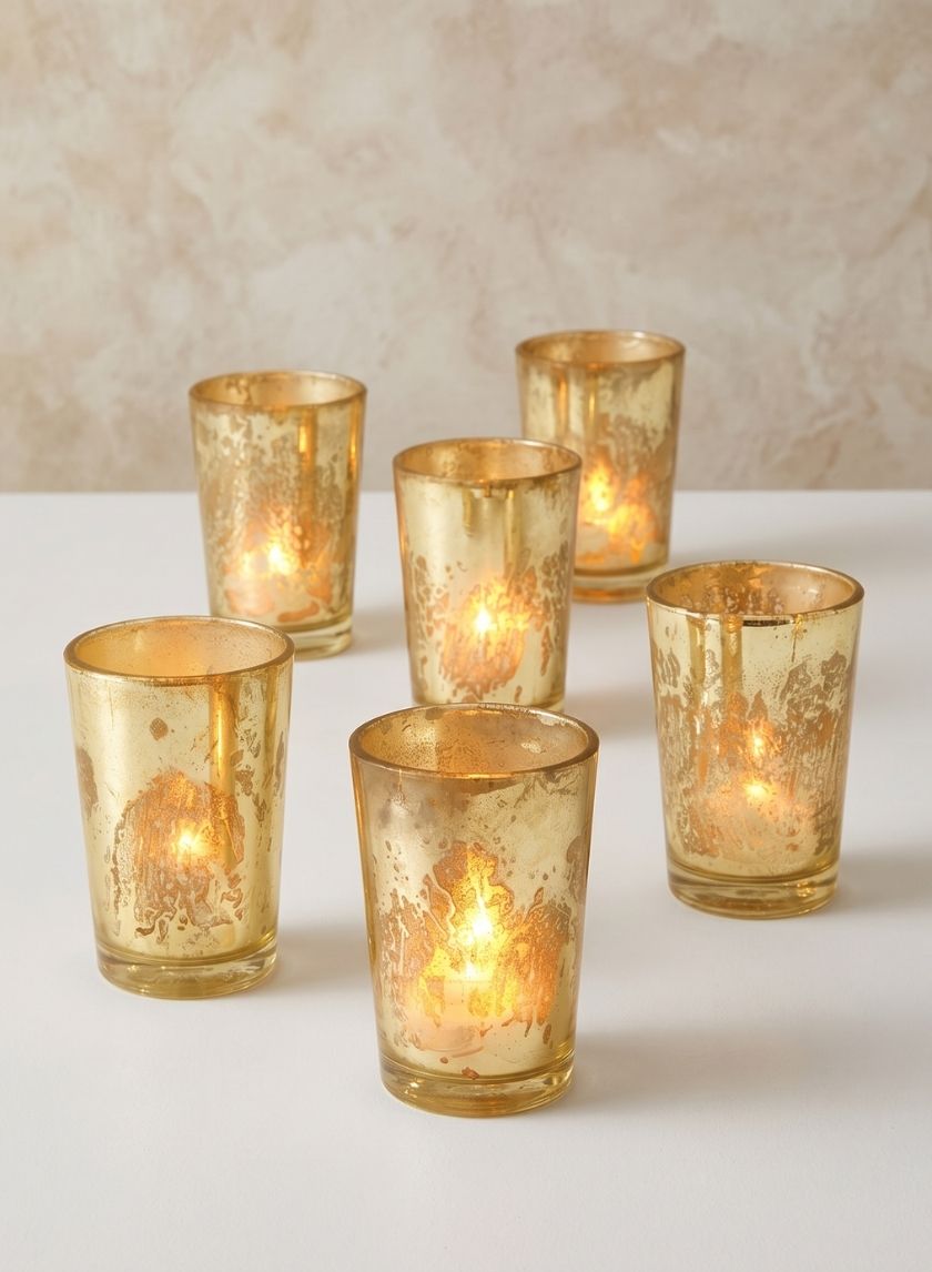 3.5in Tall Antique Light Gold Tapered Glass Votive Holder, Set of 6