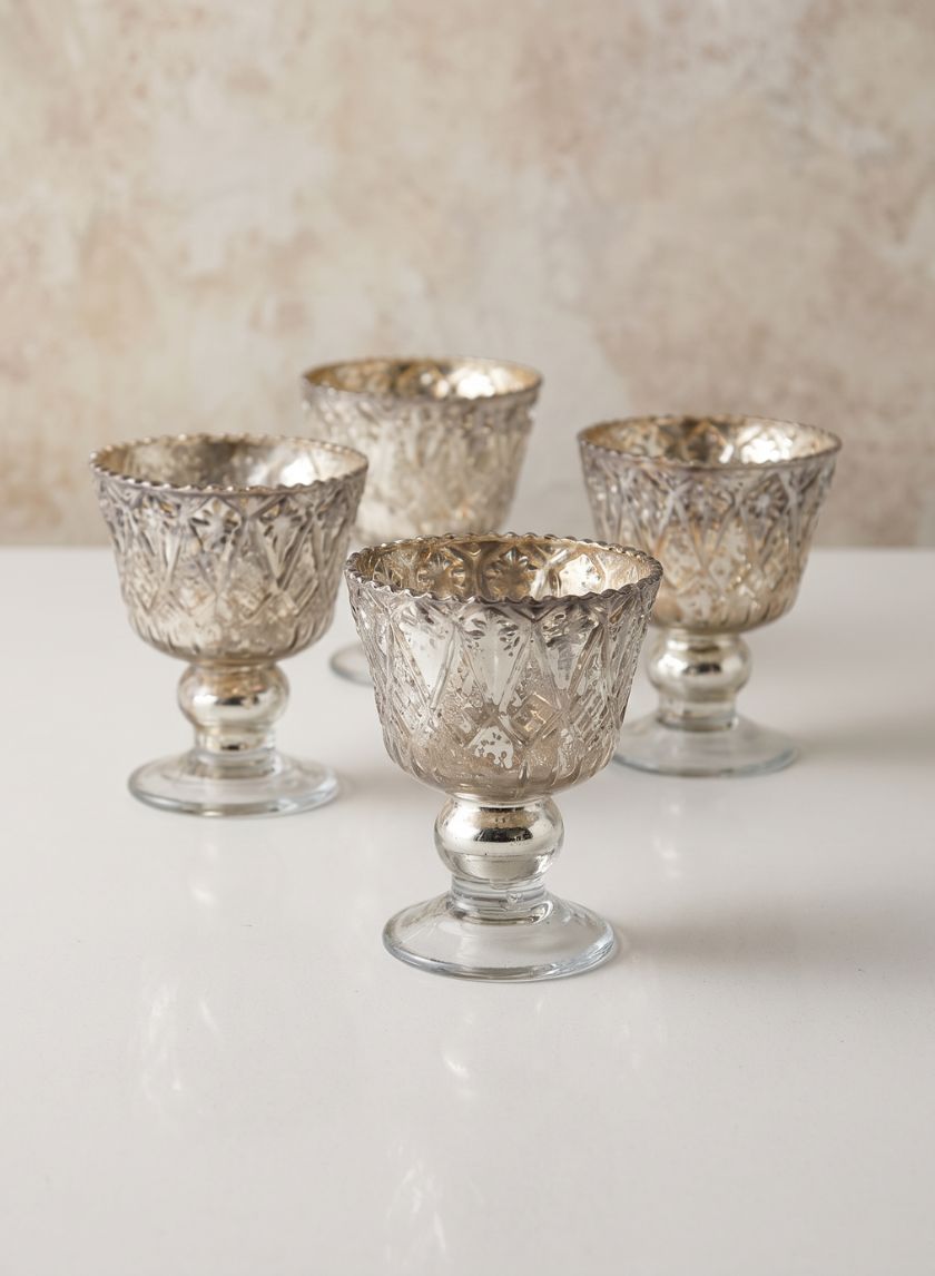 4in Tall Antique Silver Coupe Glass Candleholder, Set of 4 Decor Jamali Garden
