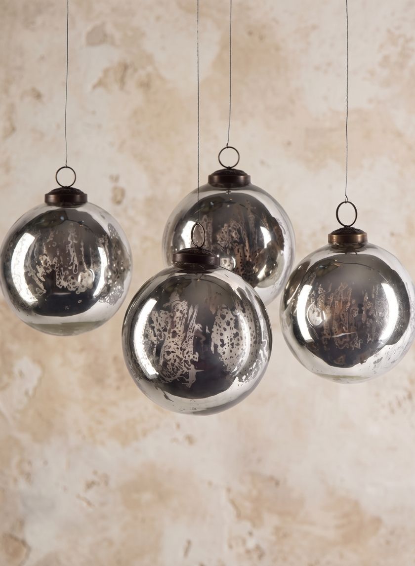 4in Round Antique Silver Glass Ornament Ball In Window Box