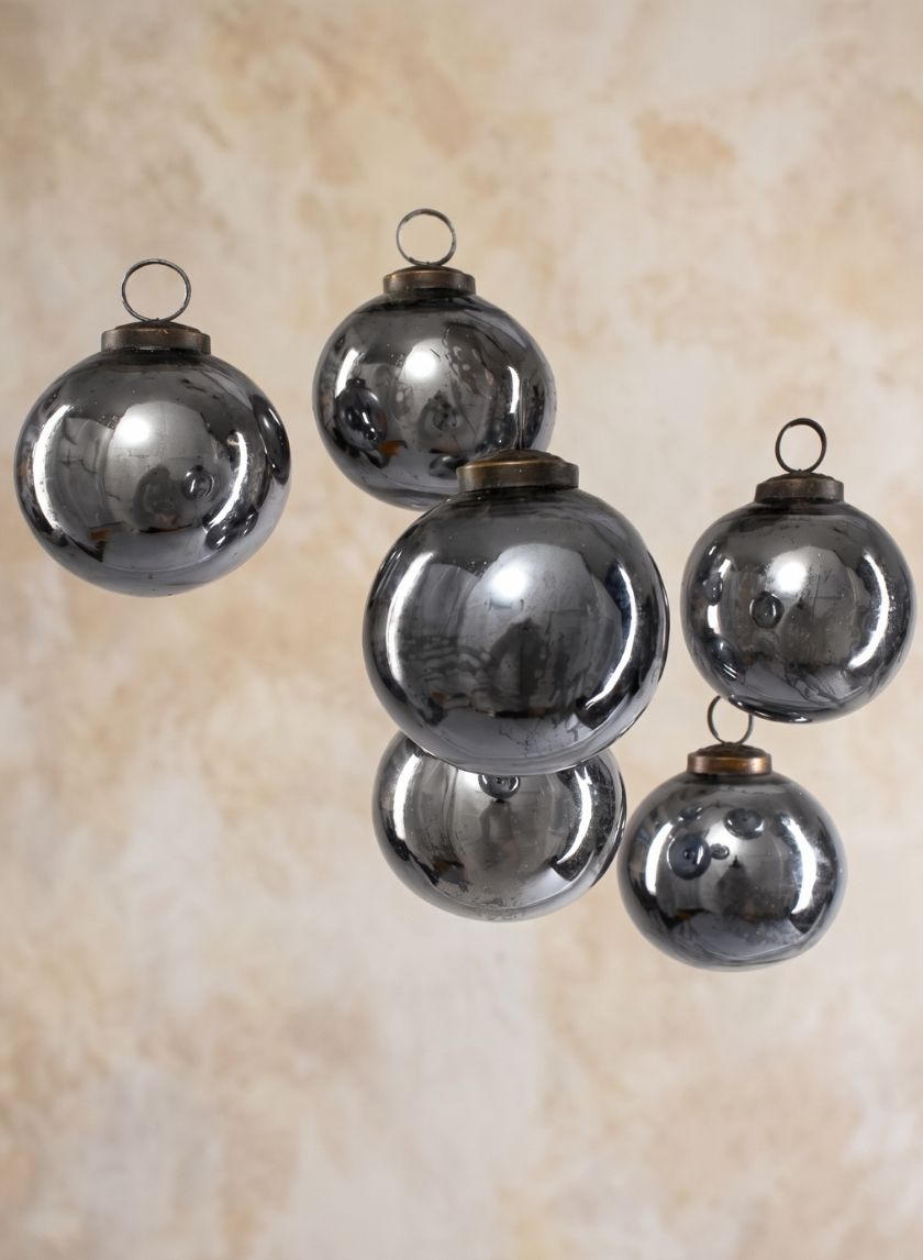 3in Round Antique Platinum Glass Ball Ornament in Window Box, Set of 6 Decor Jamali Garden
