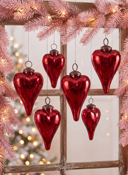 3in Long Antique Red Glass Heart In Window Box, Set of 4 Decor Jamali Garden