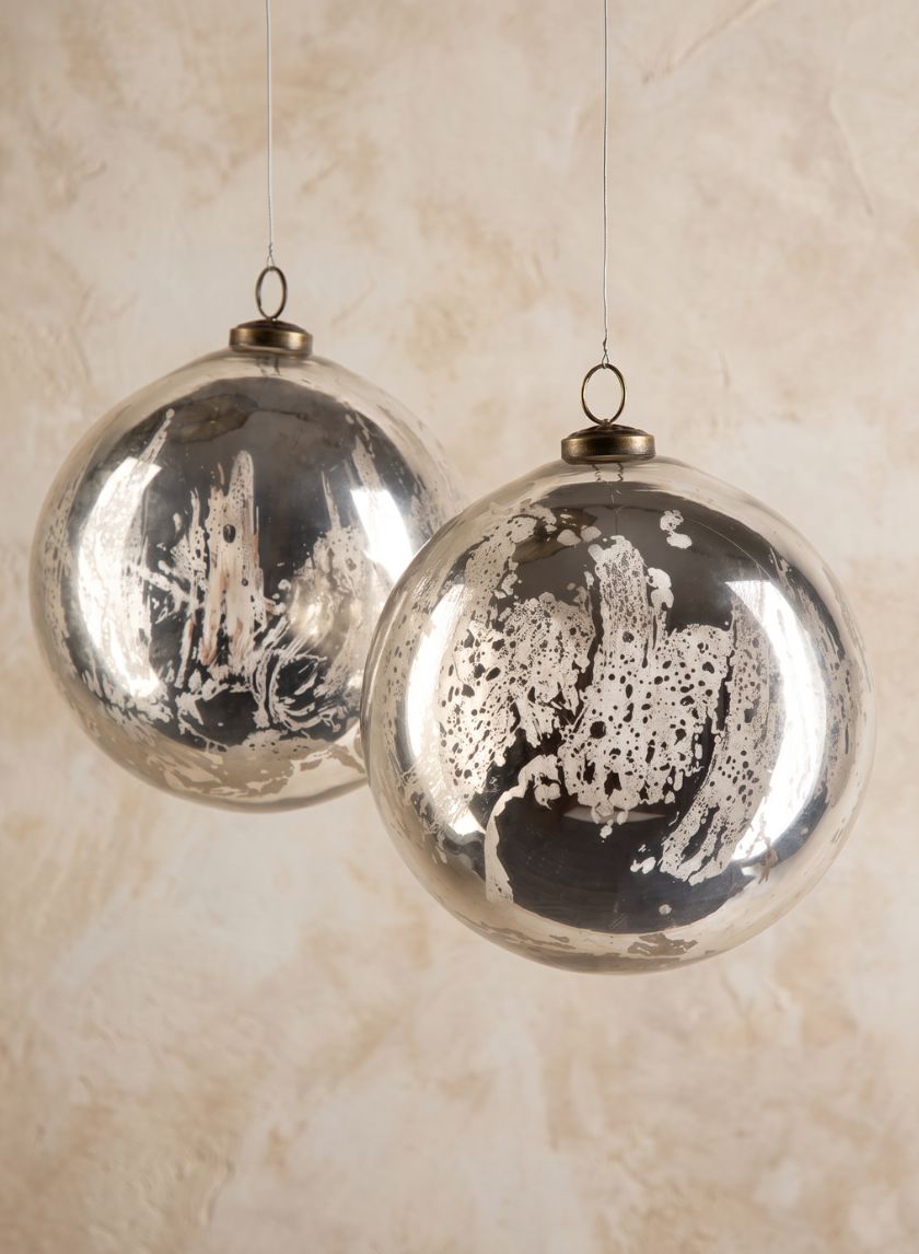6in Round Antique Silver Glass Ornament Ball, Set of 2 Decor Jamali Garden