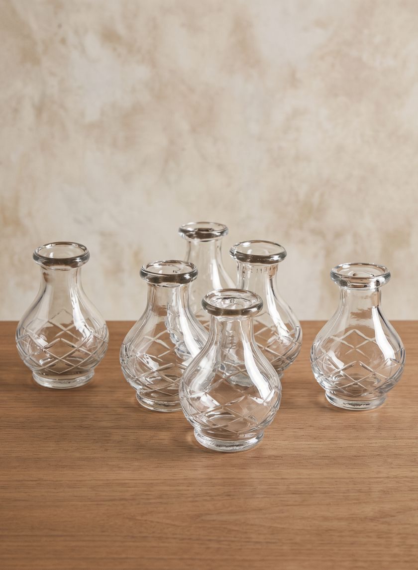3.75in Tall Cut Work Clear Glass Bottle Vase, Set of 6 Decor Jamali Garden