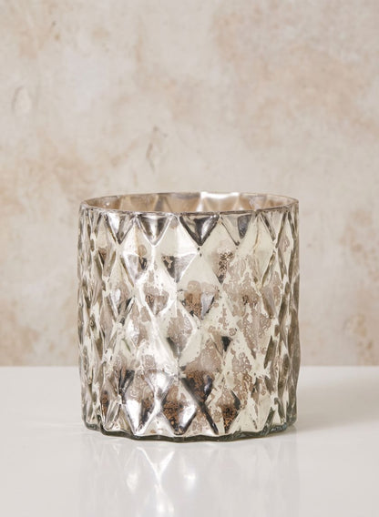 5in Tall Antique Silver Diamond Glass Cylinder Decor Jamali Garden