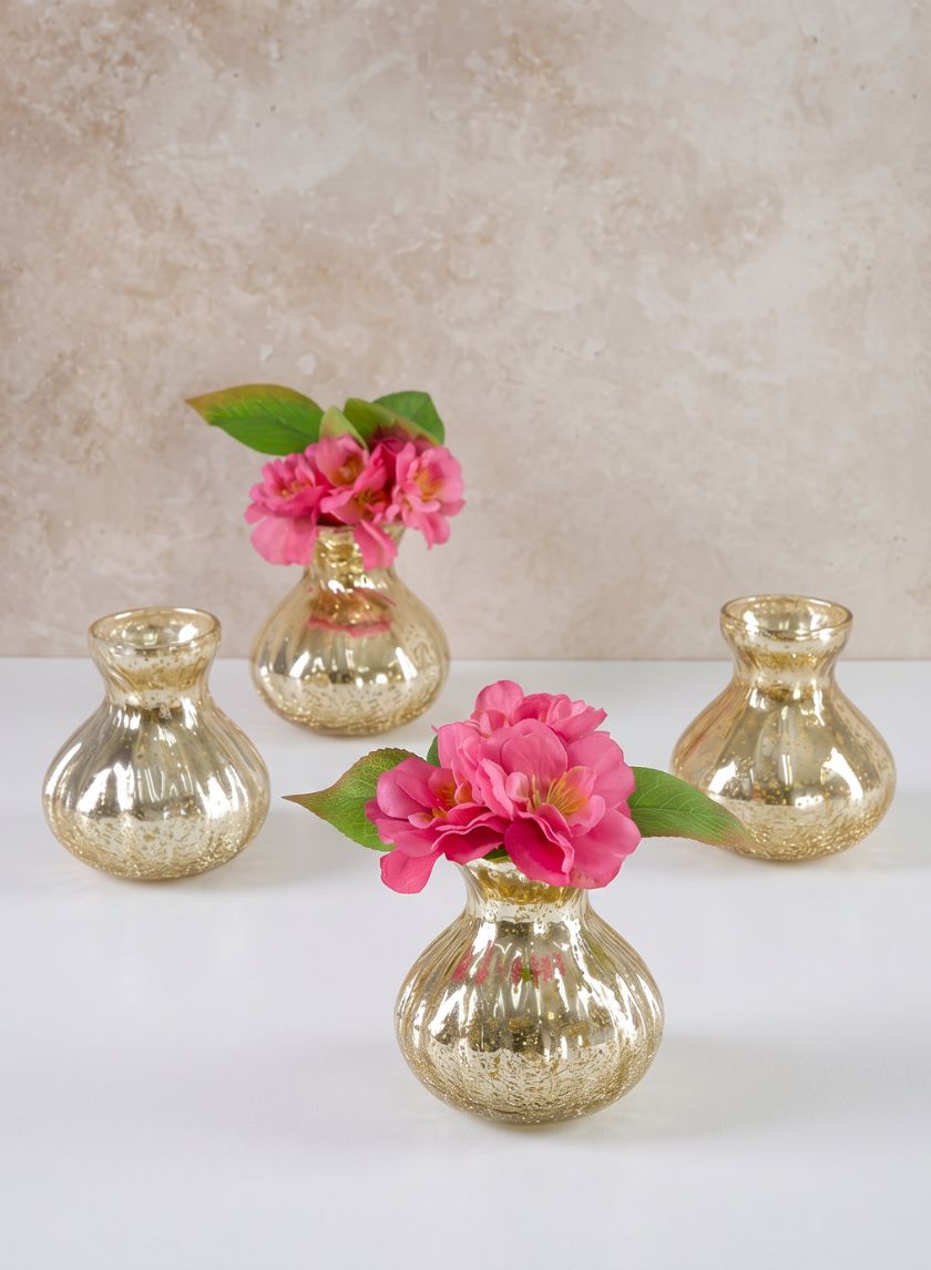 4in Tall Gold Half Crackle Bud Glass Vase, Set of 4 Decor Jamali Garden