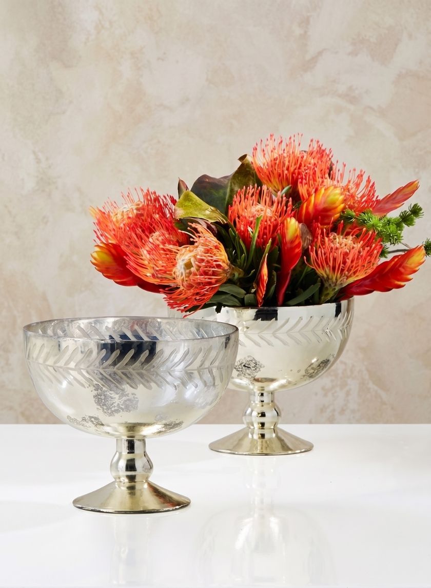 6.5in Tall Etched Leaf Vintage Mercury Glass Bowl Decor Jamali Garden