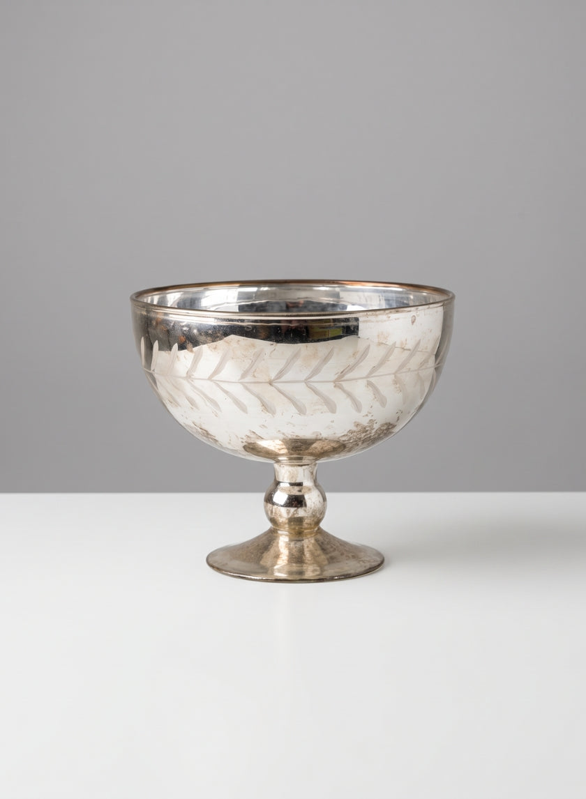 6.5in Tall Etched Leaf Vintage Mercury Glass Bowl