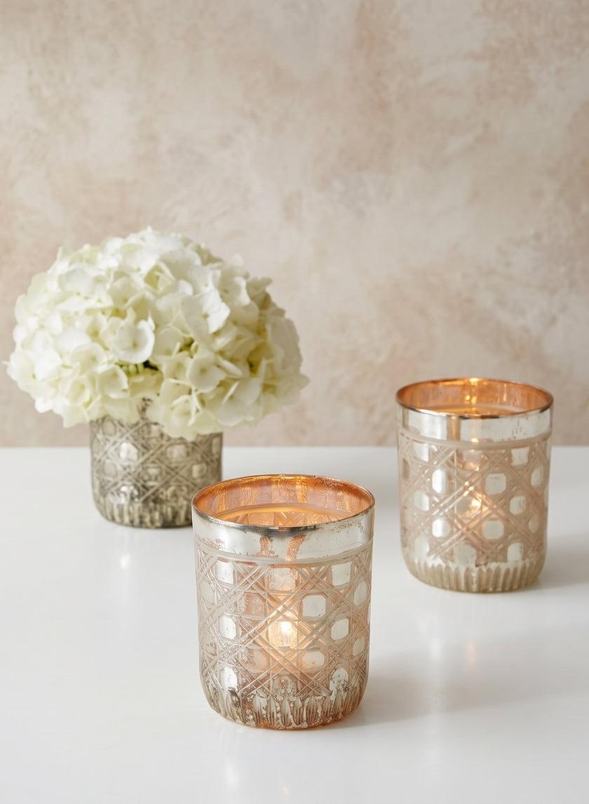4in Tall Vintage Mercury Glass Caning Cylinder