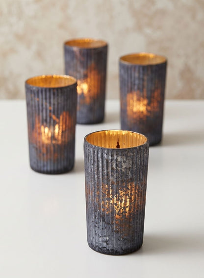 5in Tall Platinum Ribbed Glass Votive Holder, Set of 4 Decor Jamali Garden