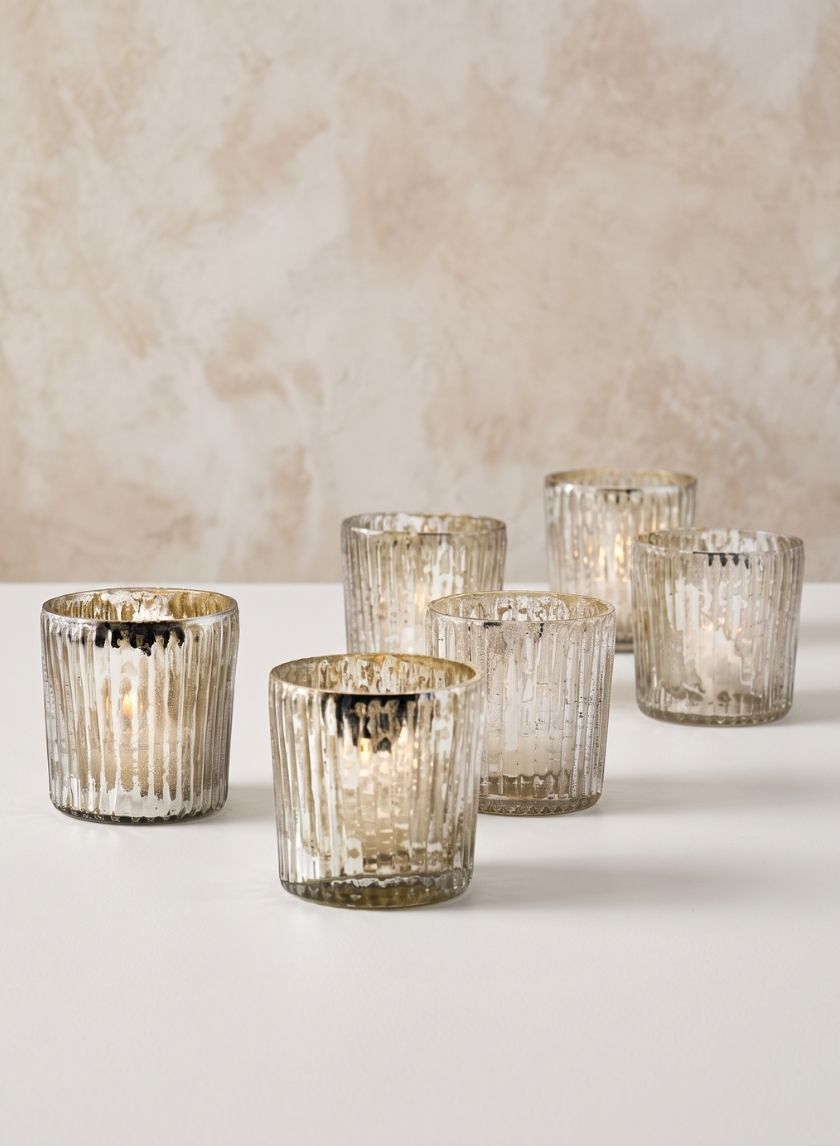 2.5in Tall Ribbed Antique Silver Votive Glass Holder, Set of 6