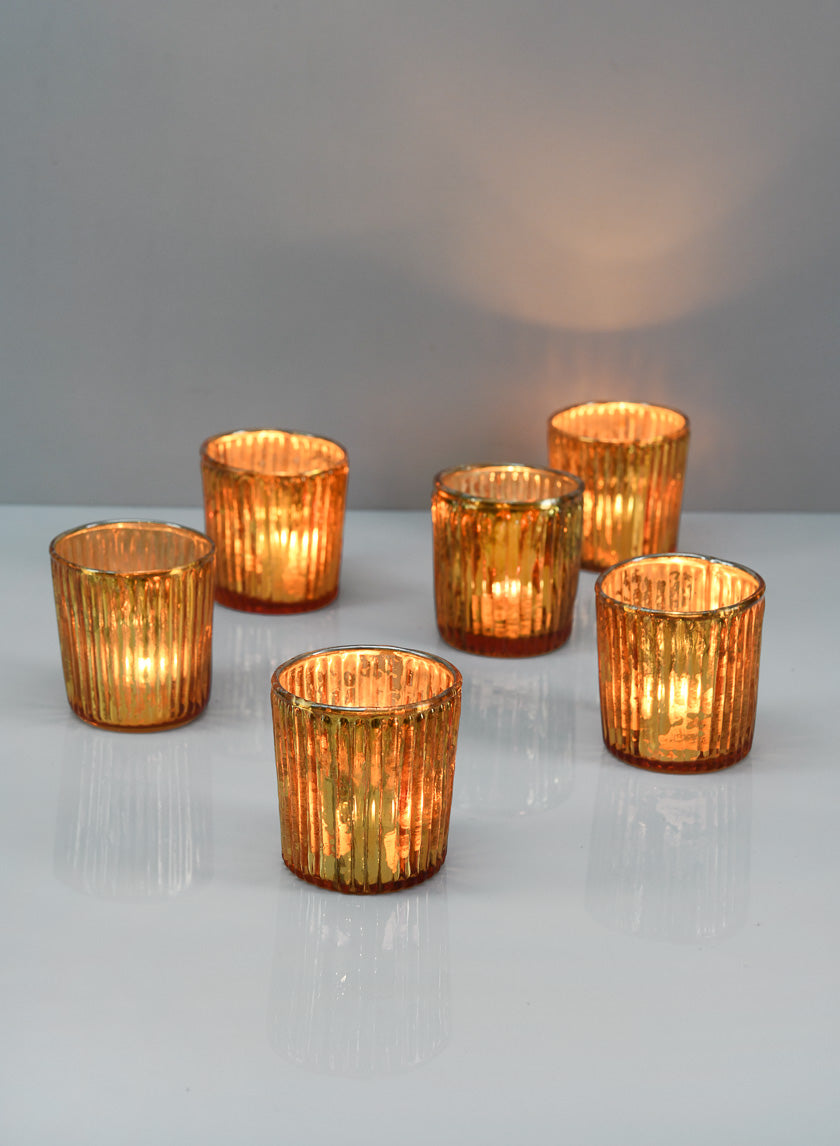 2.5in Tall Ribbed Antique Copper Glass Votives, Set of 6