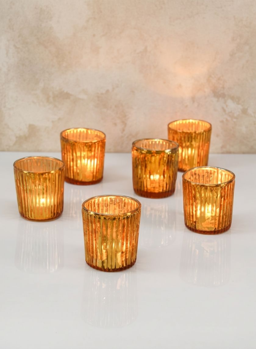 2.5in Tall Ribbed Antique Copper Glass Votives, Set of 6