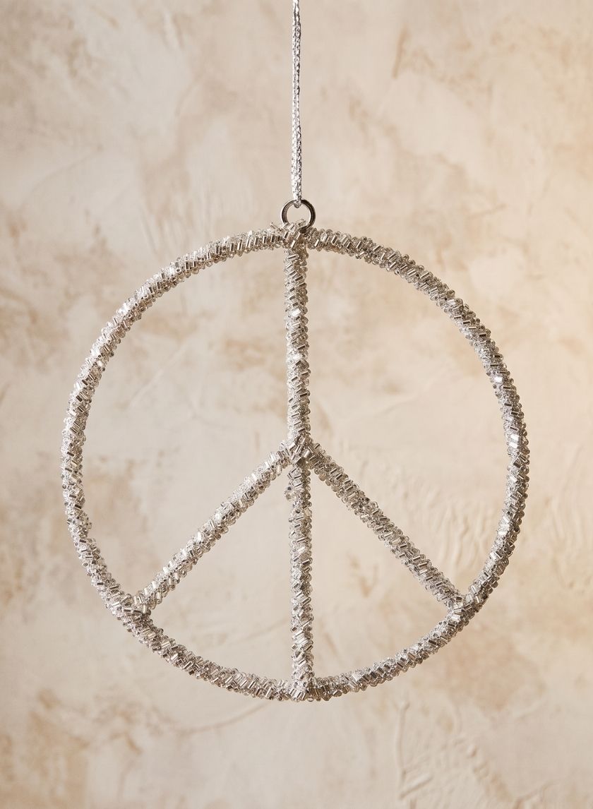 5.25in Round Silver Beaded Peace Sign Ornament, Set of 6 Decor Jamali Garden