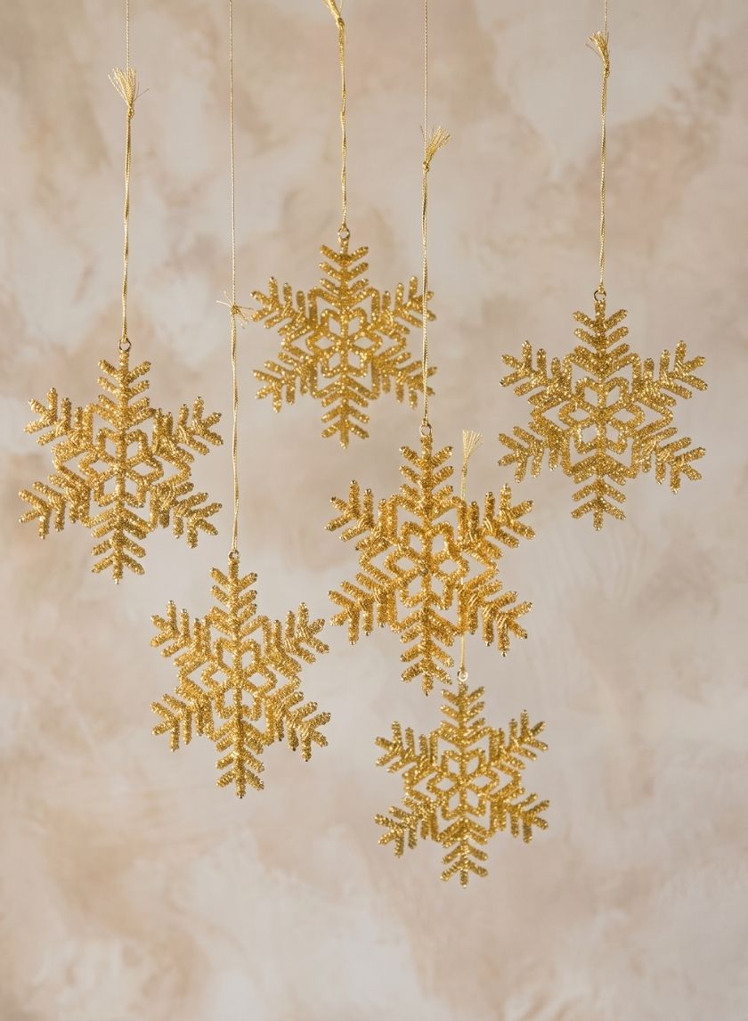 6in Wide Beaded Plastic Snowflake Amber, Set of 6 Decor Jamali Garden