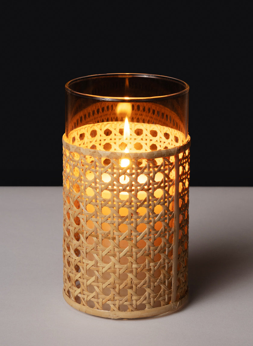 7in Tall Indochine Cane Weaved Glass Cylinder Decor Jamali Garden