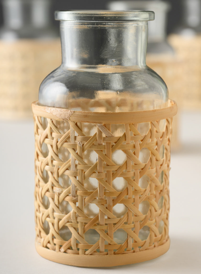 5in Tall Indochine Cane Weaved Glass Bottle Vase, Set of 6 Decor Jamali Garden