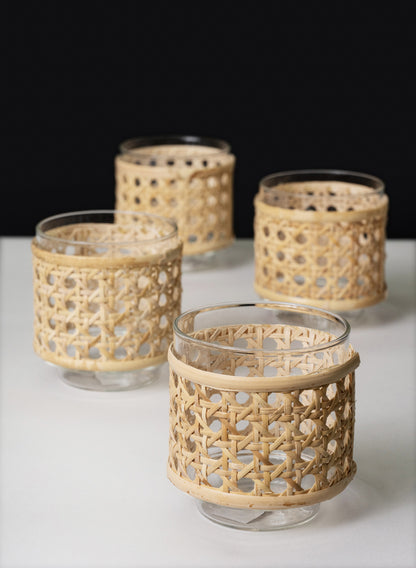 3.5in Tall Indochine Cane Weaved Glass Holder, Set of 4 Decor Jamali Garden