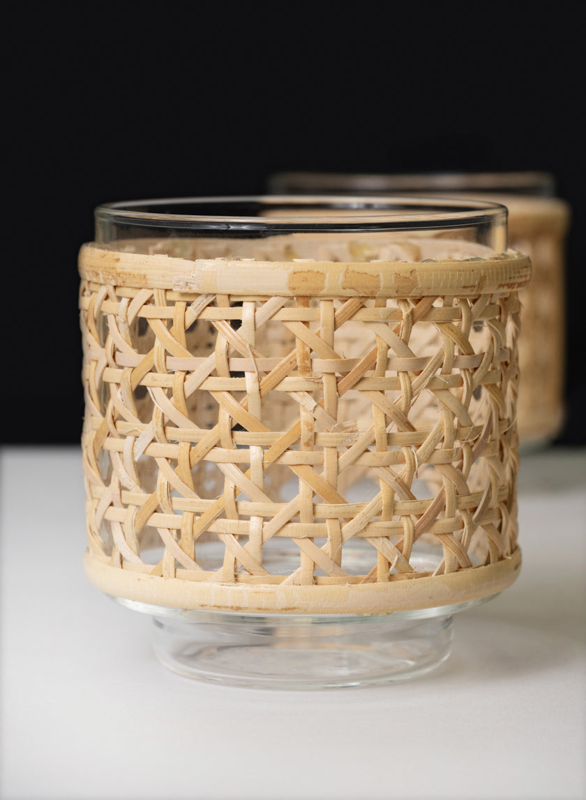 3.5in Tall Indochine Cane Weaved Glass Holder, Set of 4 Decor Jamali Garden