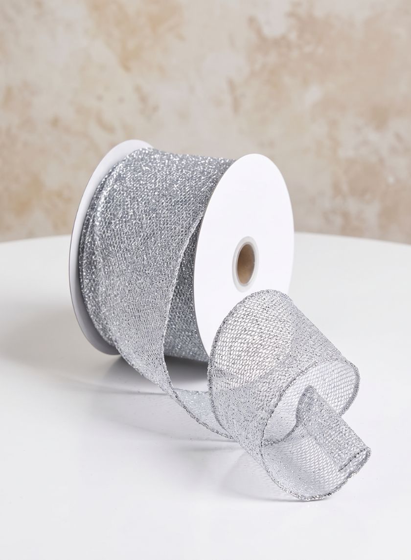 29ft White &amp; Silver Laser Glitter Grid Ribbon Decor Jamali Garden