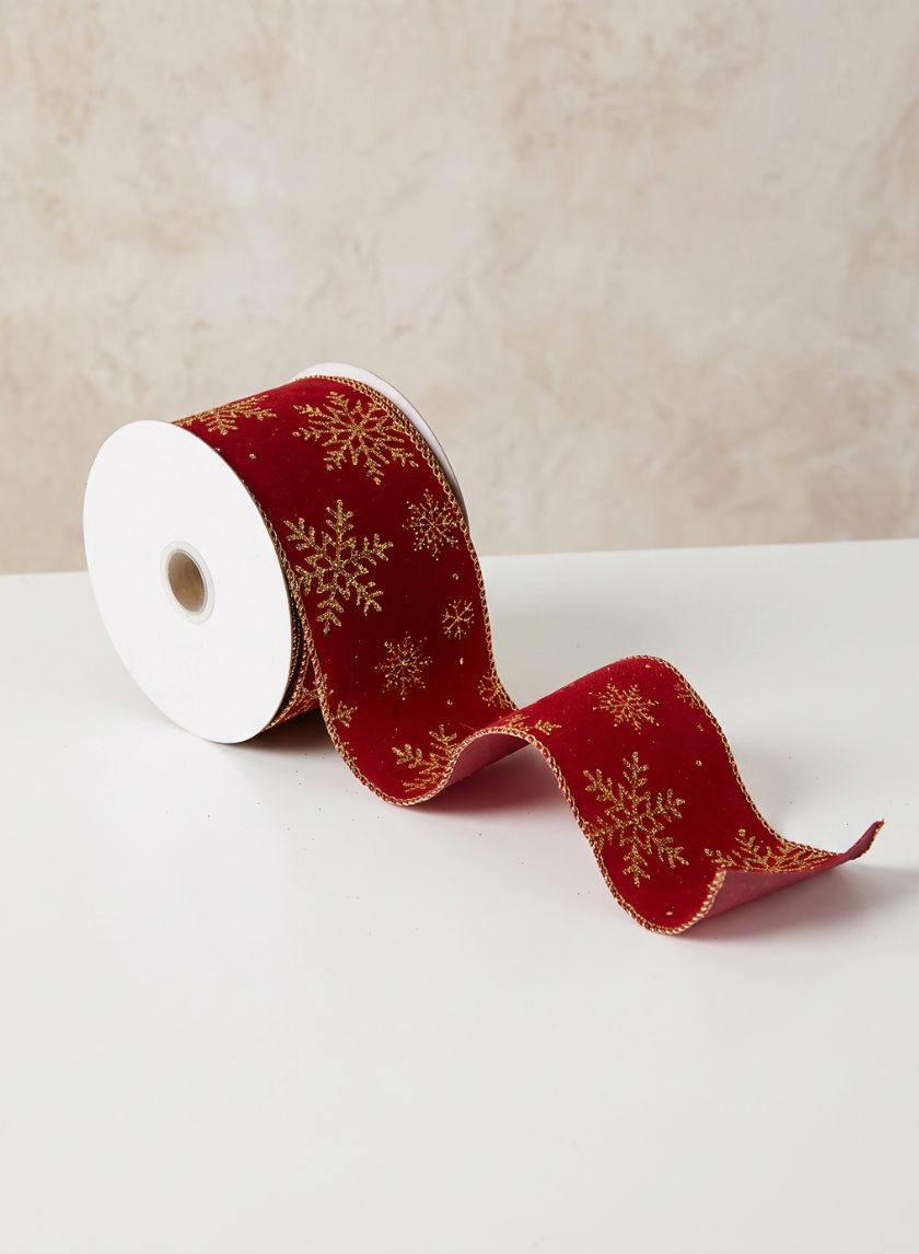 30ft Roll Ribbon - Red Flock W/Gold Glitter Snowflake Decor Jamali Garden