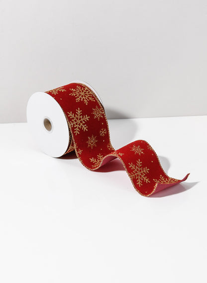 30ft Roll Ribbon - Red Flock W/Gold Glitter Snowflake Decor Jamali Garden