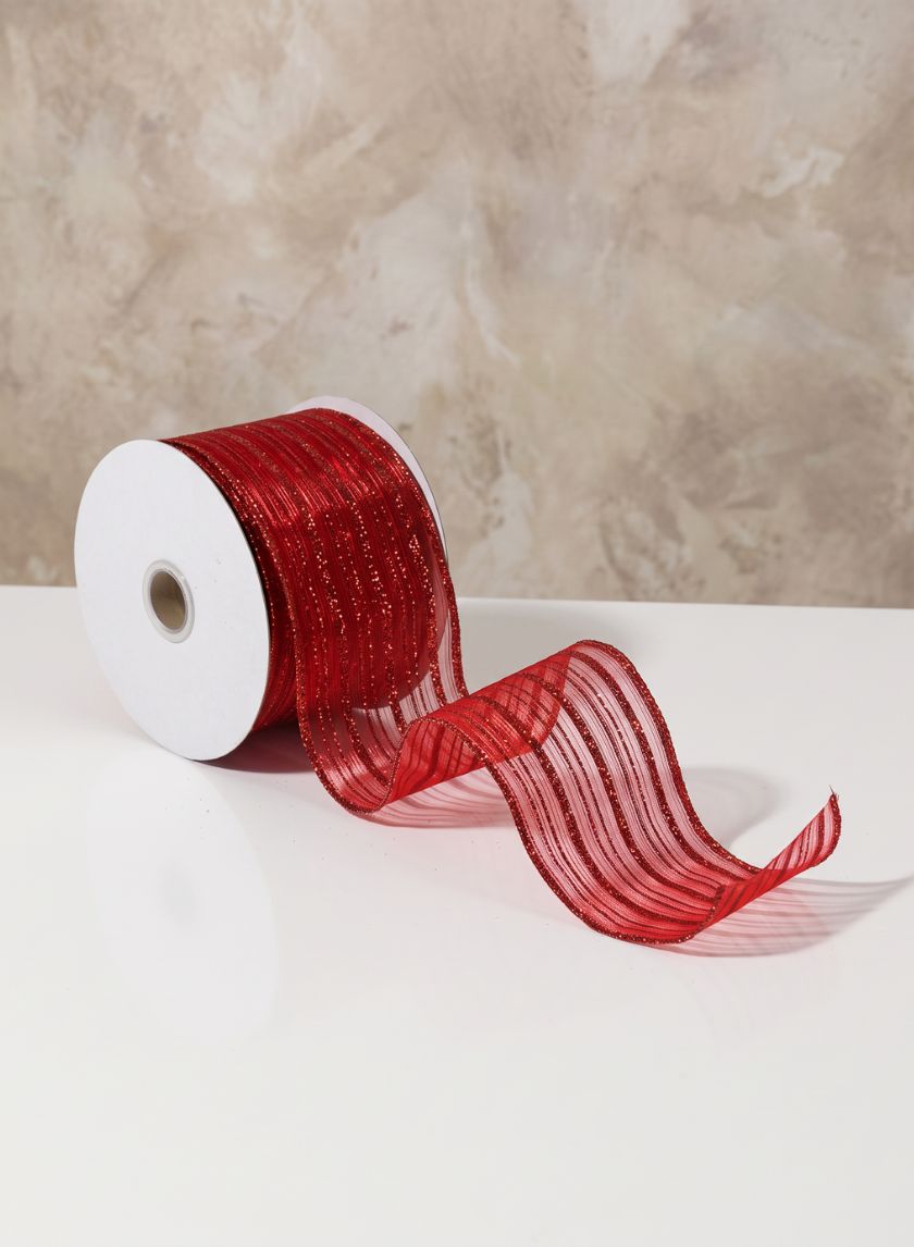30ft Roll Ribbon -Sheer W/ Red Glitter Stripe Decor Jamali Garden