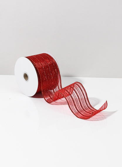 30ft Roll Ribbon -Sheer W/ Red Glitter Stripe Decor Jamali Garden