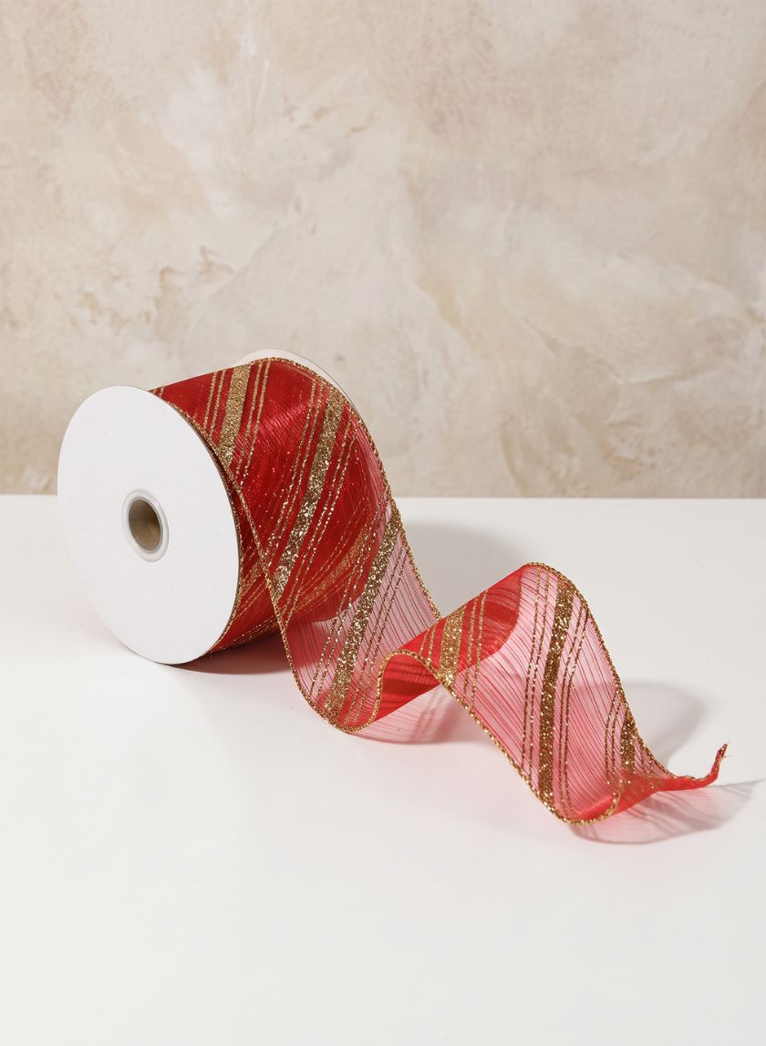 30ft Roll Ribbon - Red Sheer W/Gold Glitter Decor Jamali Garden